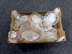 A box containing a quantity of 20th century cut glass including decanter with stopper, baskets,