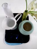 A tray containing 20th century blue glass shallow bowl, white opaque glass vase,