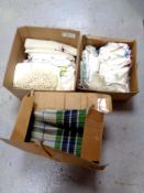 Three boxes containing assorted 20th century linen,