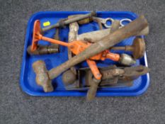 A tray containing Whitmore woodworking plane and other hand tools