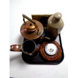 A tray containing circular oak barometer, copper jug, copper kettle,