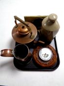 A tray containing circular oak barometer, copper jug, copper kettle,