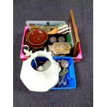 Two boxes containing contemporary mantel clock, wall clock, knife block, German pottery stein,