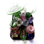 A tray containing a quantity of 20th century coloured glassware including vases, mottled glass bowl,