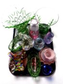 A tray containing a quantity of 20th century coloured glassware including vases, mottled glass bowl,