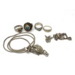 A small quantity of silver and white metal jewellery to include rings,