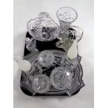 A tray of 20th century cut glass including dressing table tray, lidded pots, pair of candlesticks,