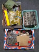 Three boxes containing a quantity of model railway accessories, control boxes, scenery,