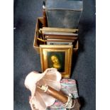 A box containing leather luggage case, pictures and prints,