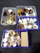 Four boxes containing a quantity of 20th century pottery and porcelain, tea china, oil lamp base,