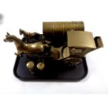 A tray containing two miniature brass miner's lamps, brass model of a horse and carriage,