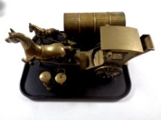 A tray containing two miniature brass miner's lamps, brass model of a horse and carriage,