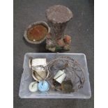A concrete garden bird bath together with a box containing hanging basket,