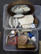 Two boxes containing gilt porthole mirror, commemorative china, dinnerware,