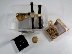 A box containing wristwatches including Citizen, pair of Warren James sterling silver earrings,