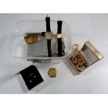 A box containing wristwatches including Citizen, pair of Warren James sterling silver earrings,