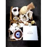 Two boxes containing stoneware jar, pottery wall pockets,