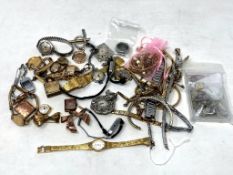A box of watch parts, cases, marcasite cocktail watch,
