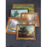 A collection of pictures and prints, gilt framed oil on board,