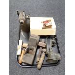 A tray containing vintage woodworking plane, mincer,