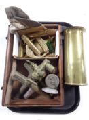 A tray containing trench art vase, brass taps, brass door knocker,