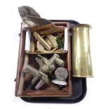 A tray containing trench art vase, brass taps, brass door knocker,