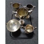 A tray containing five silver plated presentation trophies