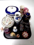 A tray containing figure of a bird perched on amethyst stone base, porcelain vases,