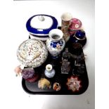 A tray containing figure of a bird perched on amethyst stone base, porcelain vases,