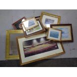 A box of assorted pictures and prints, gilt framed mirror,