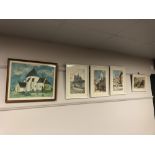 Five colour prints depicting buildings in a town (5)