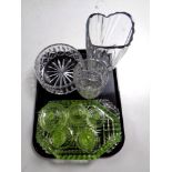 A tray containing green glass dressing table set,