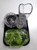 A tray containing green glass dressing table set,