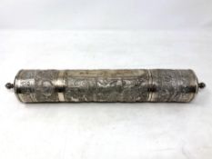 An ornate silver cylindrical scroll holder, engraved 'Presented to John Esplin Esq.