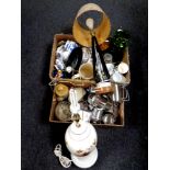 Two boxes containing 20th century stainless steel and plated wares including tankards, rose bowl,