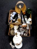 Two boxes containing 20th century stainless steel and plated wares including tankards, rose bowl,