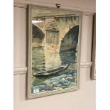 Jacques Delettry : Boat by a bridge, watercolour,