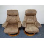 A pair of contemporary relaxer armchairs in brown suede upholstery