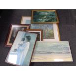 A group of framed pictures and prints, framed Wills cigarette cards, large gilt framed print,