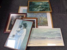 A group of framed pictures and prints, framed Wills cigarette cards, large gilt framed print,