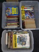 Three boxes containing a quantity of comics and volumes including Look and Learn, World of Wonder,