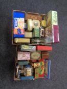 Two boxes of vintage and later tins, CWS cream crackers,