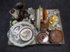 Two boxes of miscellaneous antique and later ceramics to include 19th century wash bowl,
