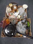 Two boxes of miscellany to include glass ware, ornaments, character jug, enamelled long handled pan.