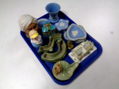 A tray of ceramics, Wedgwood Jasperware, Coalport railway station, tobacco jar,