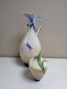 Two Franz ceramic vases decorated with dragonflies.