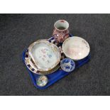 A tray of antique ceramics to include Japanese Imari vase,