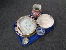 A tray of antique ceramics to include Japanese Imari vase,
