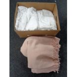 A box of assorted linen together with an Otterburn Mill blanket.