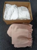 A box of assorted linen together with an Otterburn Mill blanket.